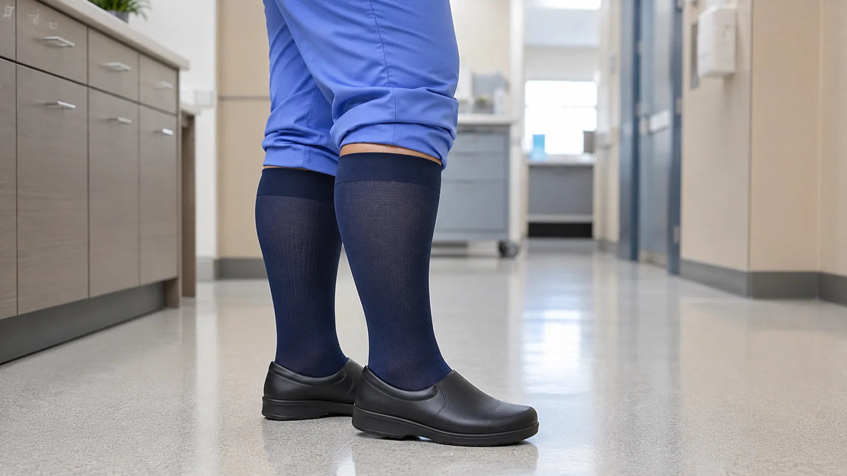 Plus size nurse compression socks in healthcare corridor