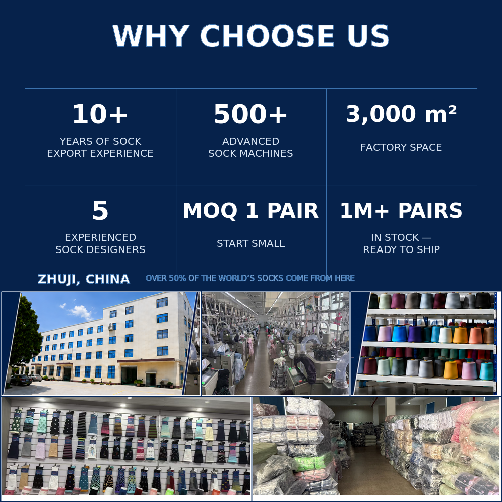 Compression socks factory capabilities including export experience, sock machines, factory space, designers, flexible MOQ and ready stock