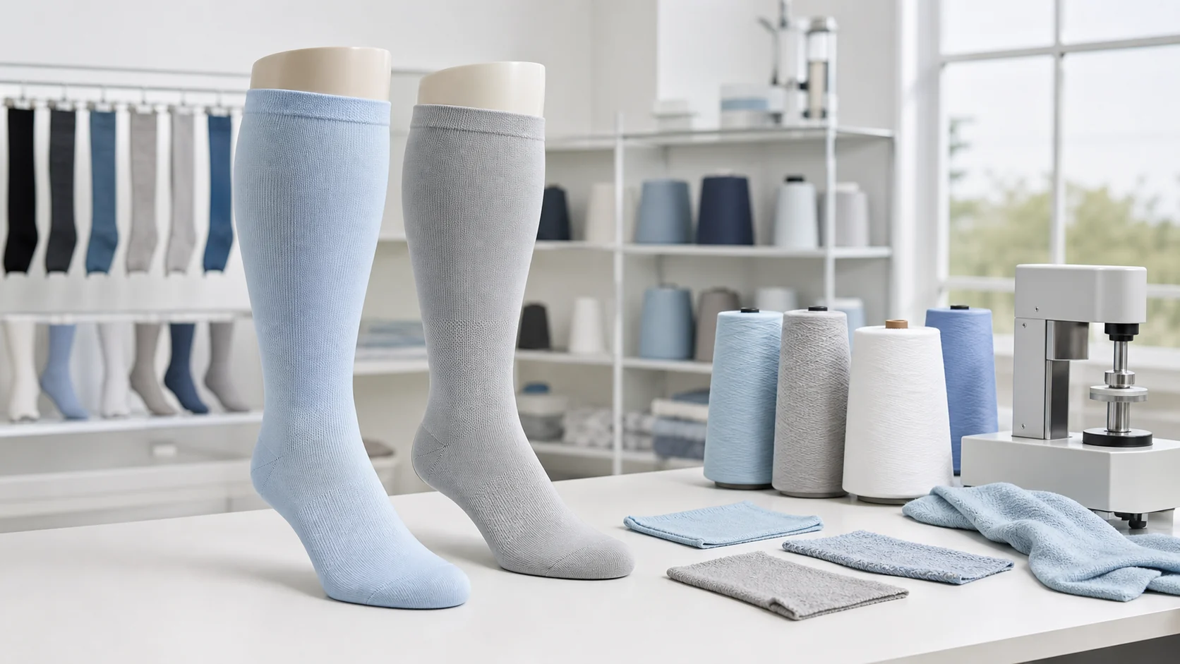 Cooling fabric plus size compression socks with yarn and textile testing equipment