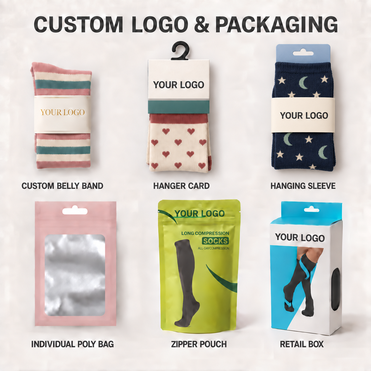 Custom logo compression socks packaging options including belly band, hanger card, hanging sleeve, individual poly bag, zipper pouch and retail box