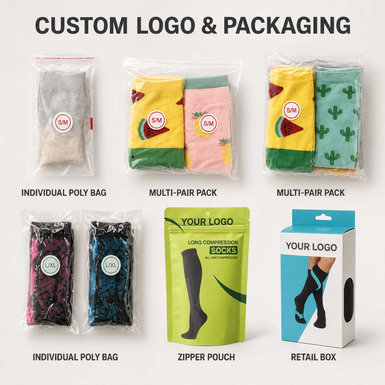 Custom logo and packaging options for compression socks including poly bags, multi-pair packs, zipper pouches and retail boxes