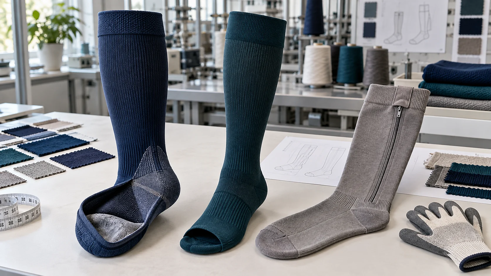 Concept visualization of donning-friendly plus size compression sock constructions including open toe and zipper samples