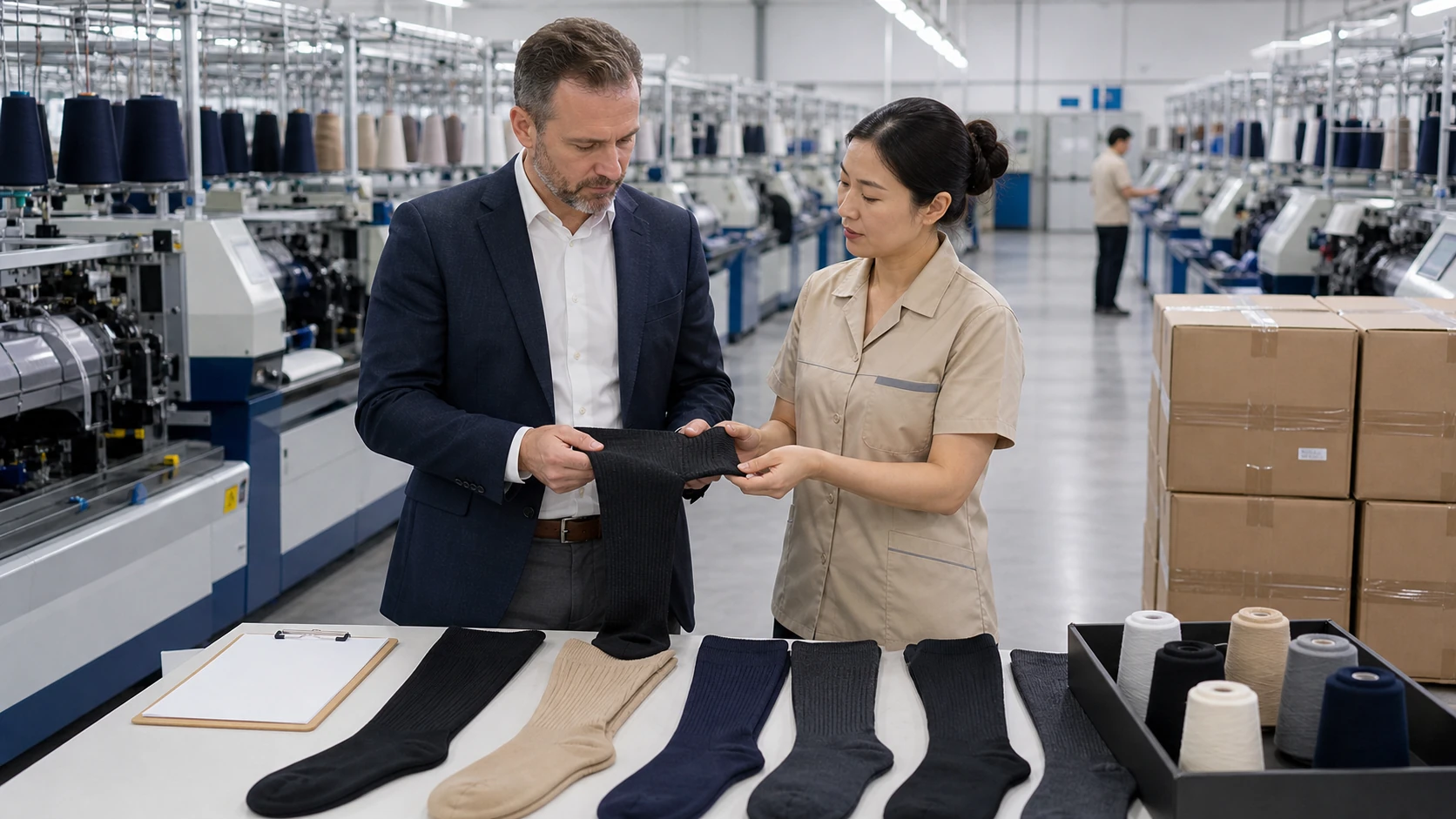Buyer auditing a wide calf compression socks factory and quality records