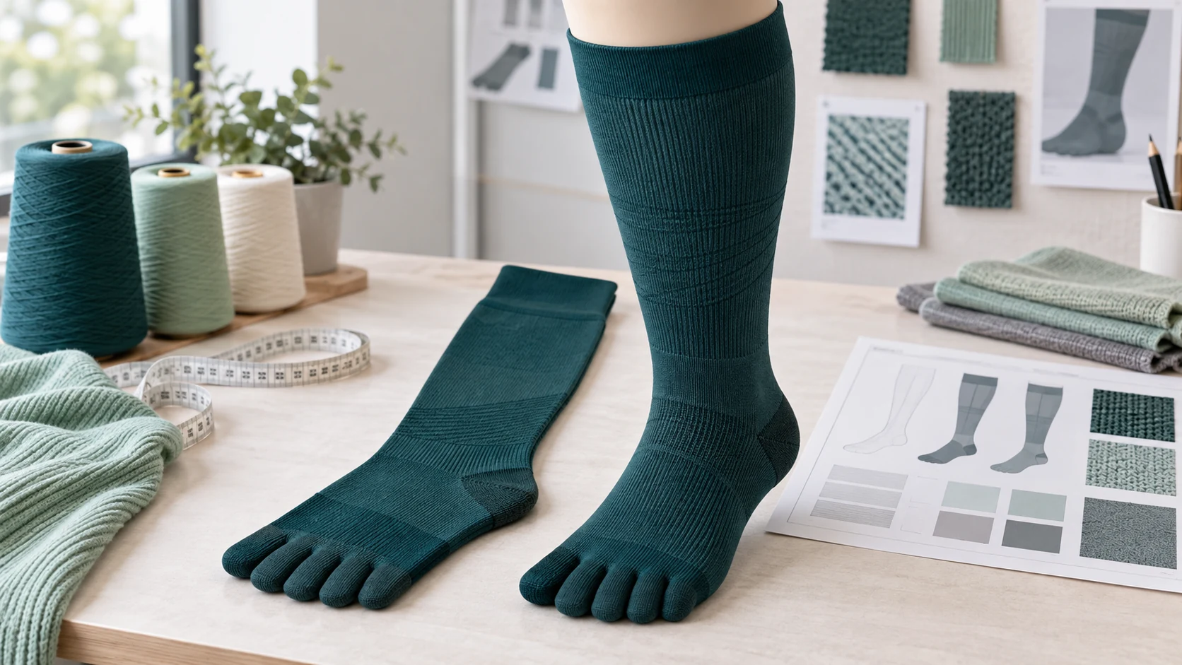 Concept visualization of five-toe plus size compression socks in a textile development studio