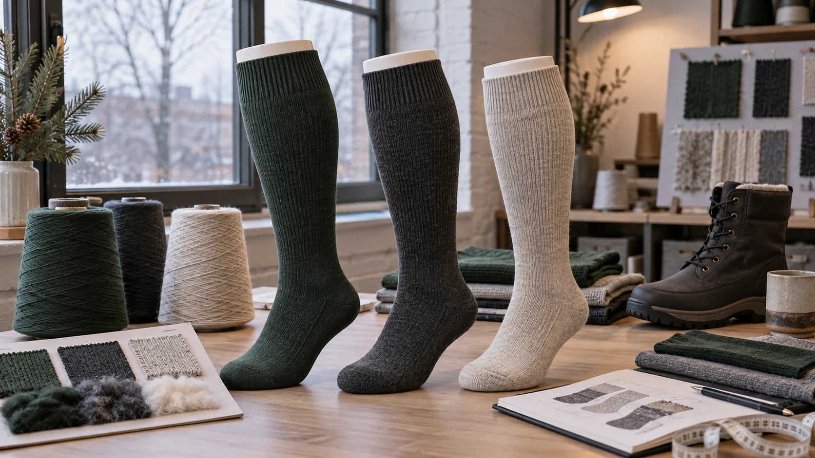 Concept visualization of forest green charcoal and oatmeal merino blend wide calf compression sock samples