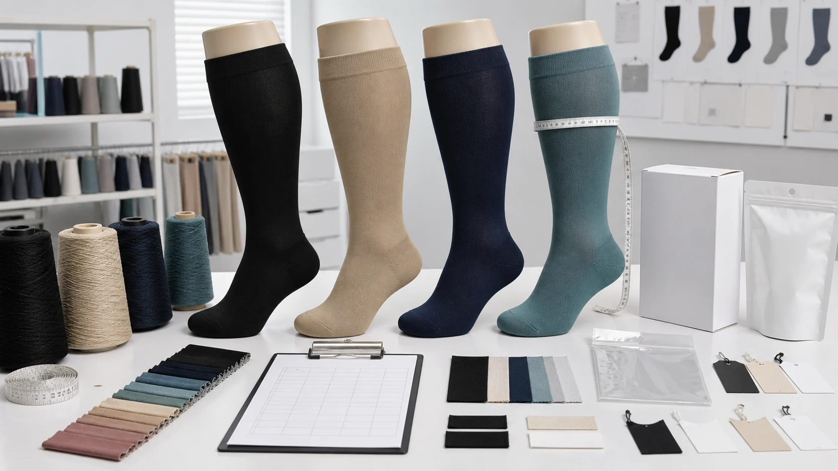Plus size compression socks OEM customization with yarn colors, calf measurement, labels and retail packaging