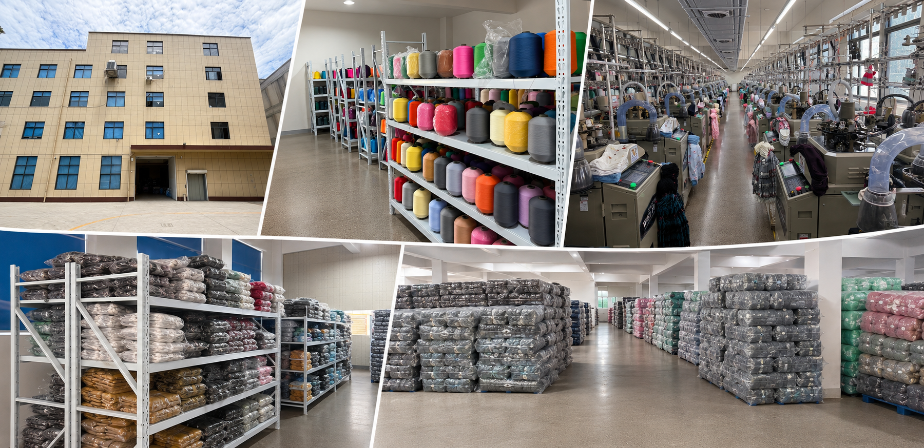 Plus size compression socks factory workshop, yarn materials and finished goods warehouse