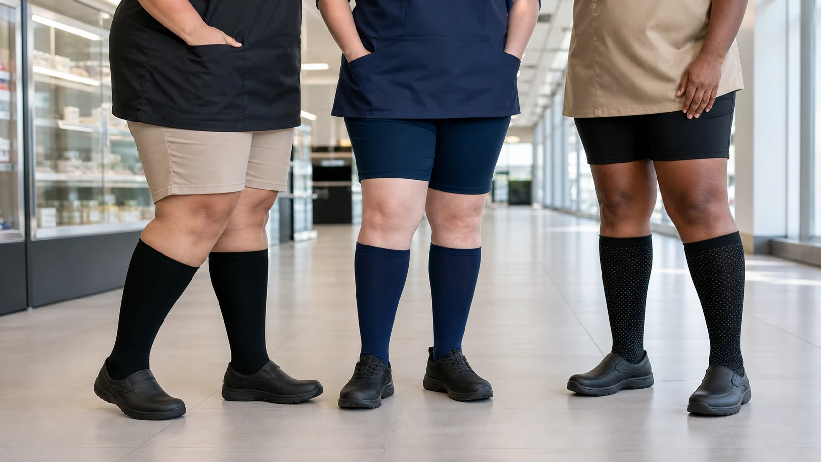 Standing workers wearing plus size compression socks in healthcare retail and hospitality settings