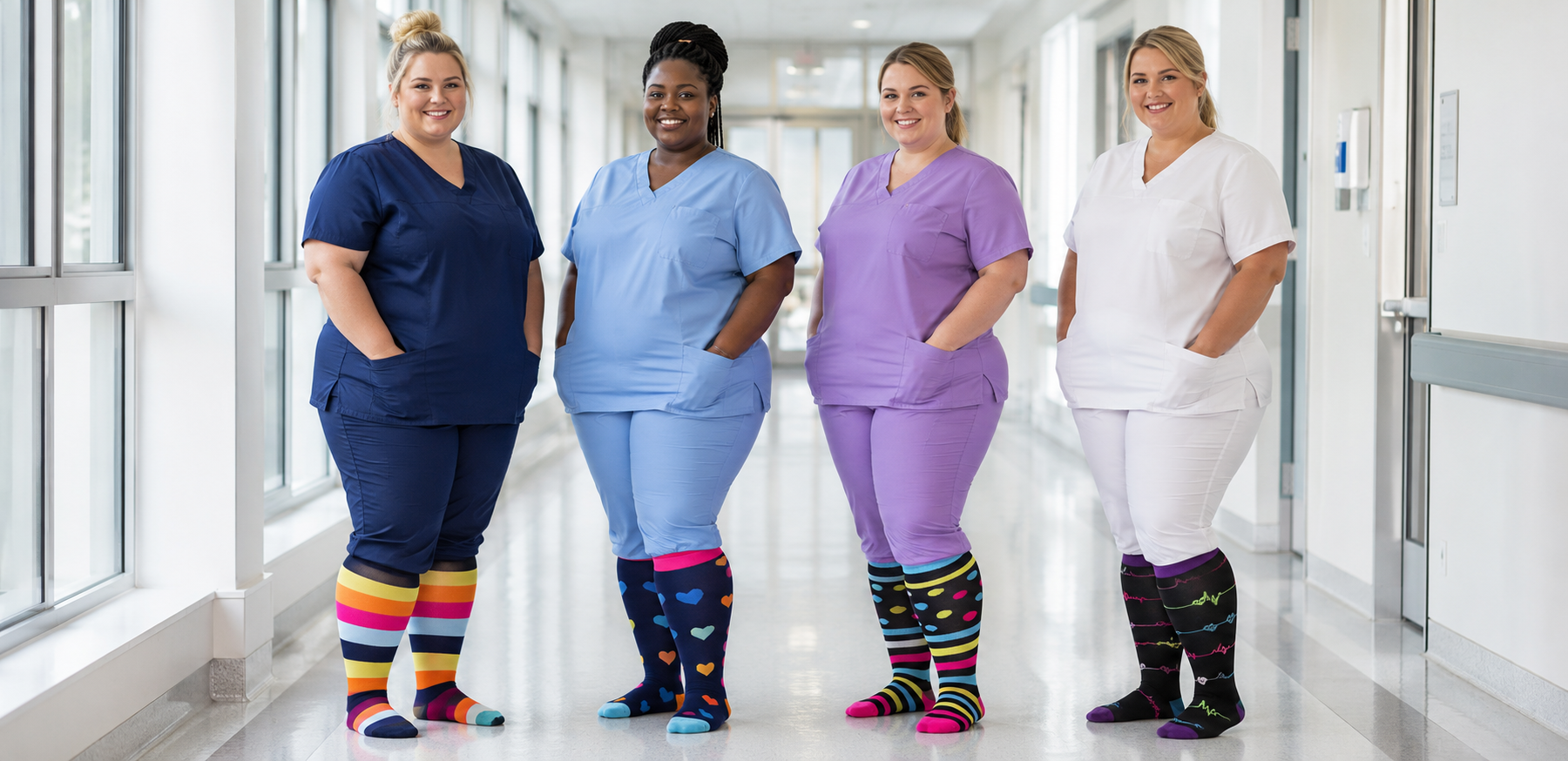 Plus size nurses wearing colorful wide calf compression socks in a healthcare corridor