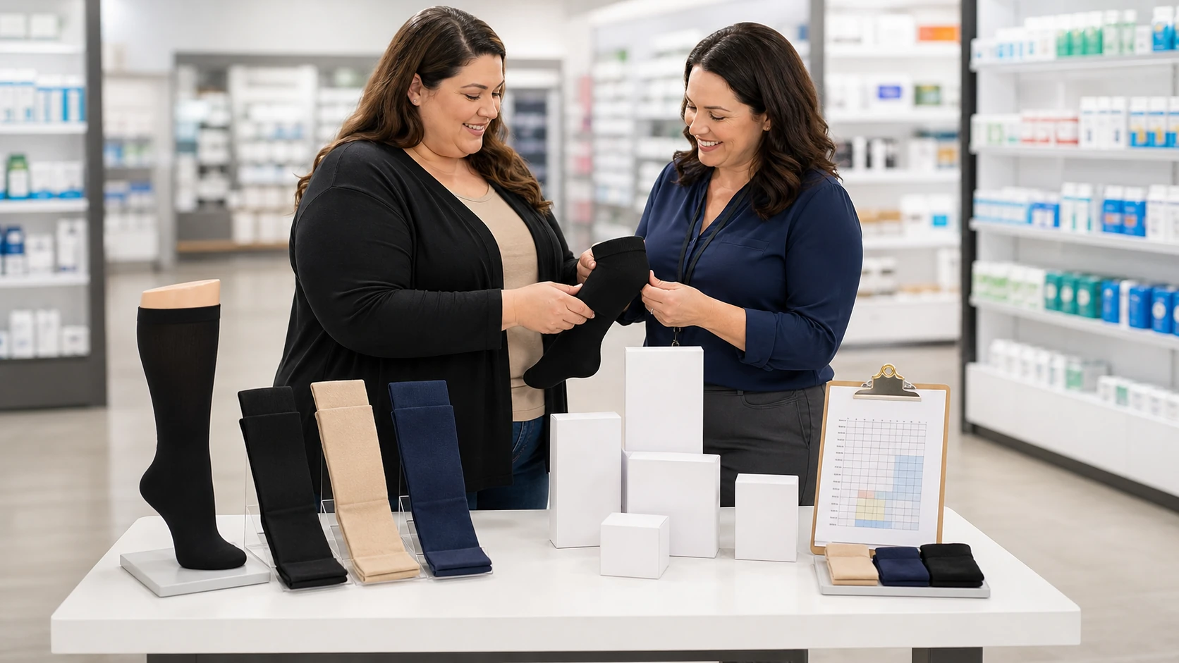 Pharmacy retailer reviewing plus size compression socks display and packaging