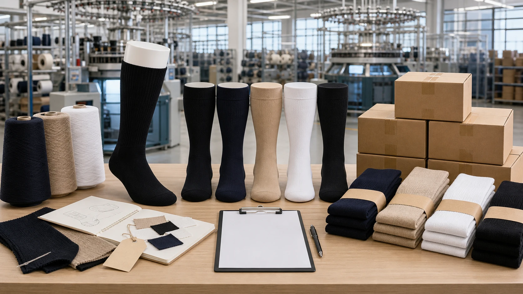 Plus size compression socks stages from yarn and sample to bulk production