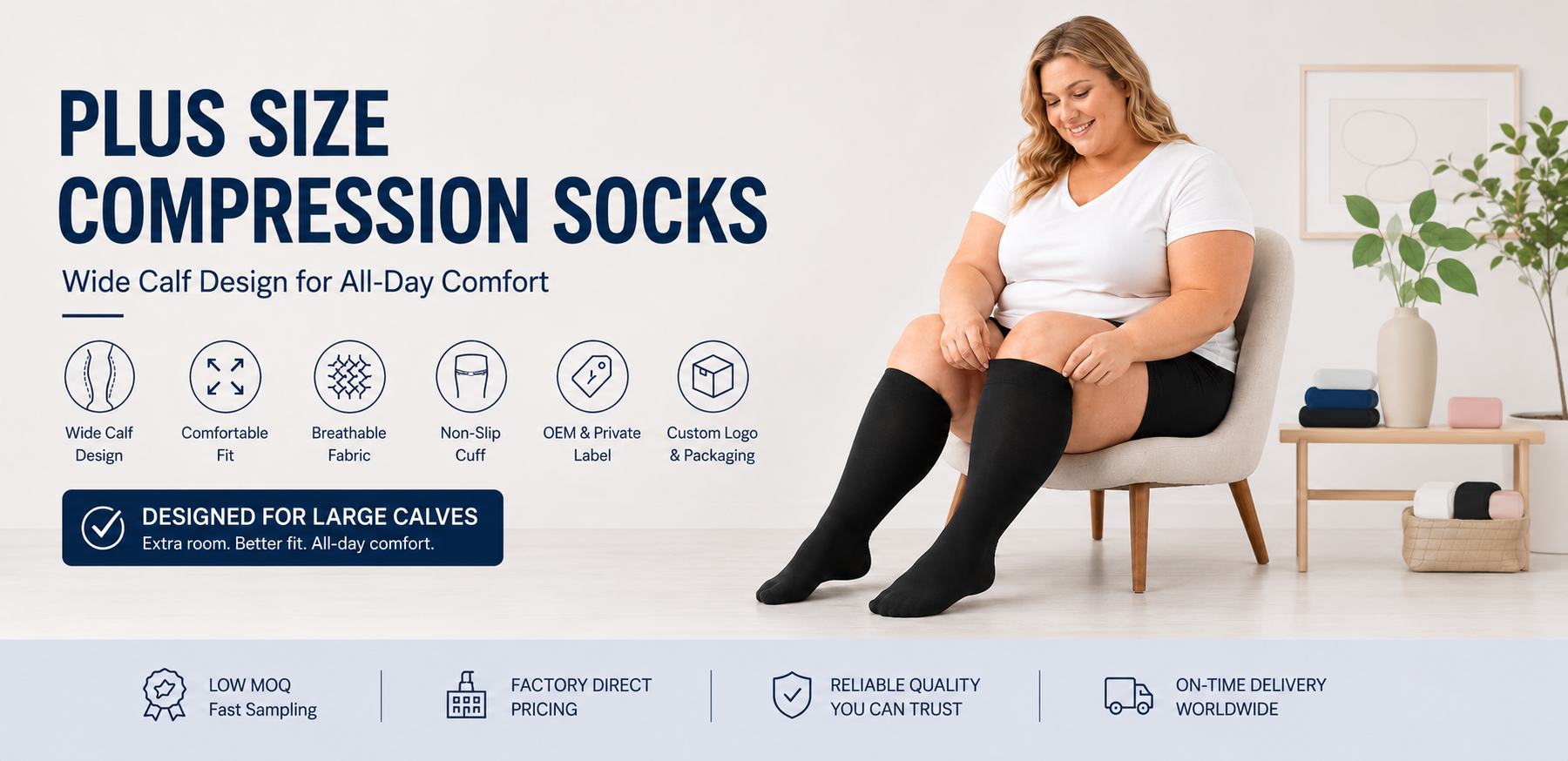 Plus size compression socks wide calf design for all-day comfort