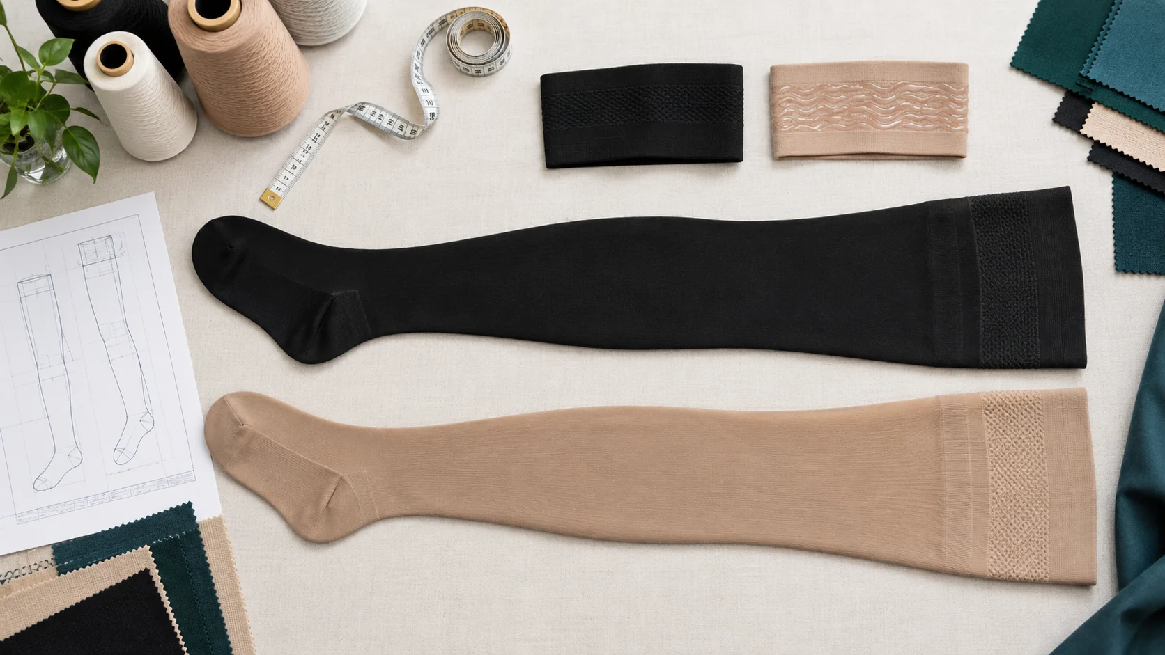 Concept visualization of black and beige plus size thigh-high compression stocking samples with cuff materials