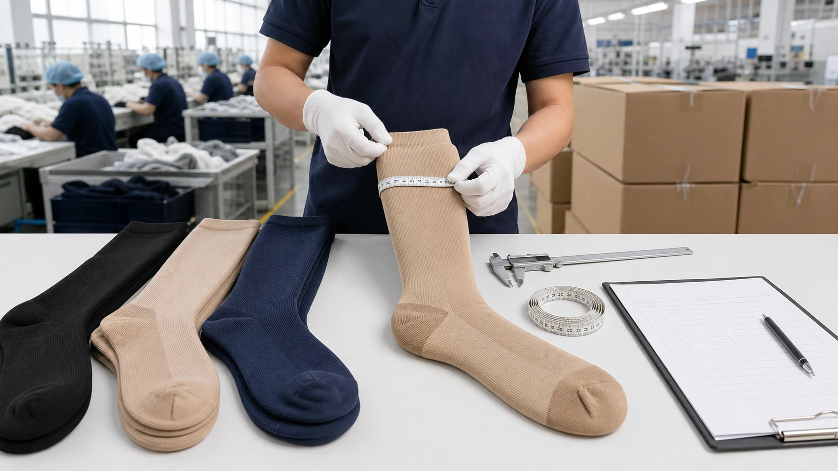 Quality inspector checking plus size compression socks in bulk production
