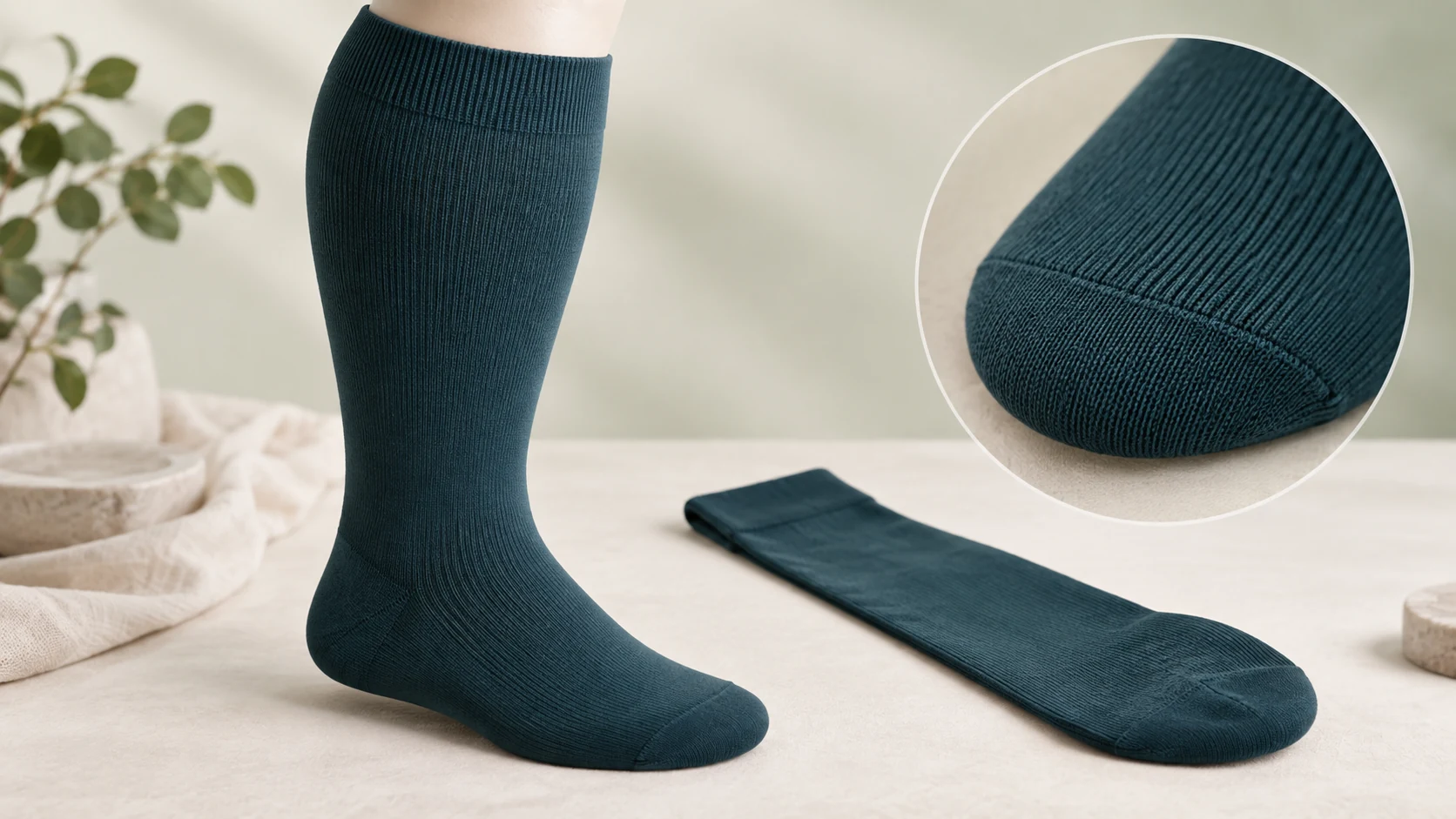 Concept visualization of seamless toe plus size compression socks with a close view of the flat toe closure