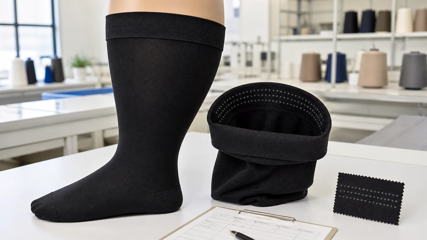 Silicone grip dots inside the cuff of a plus size compression sock