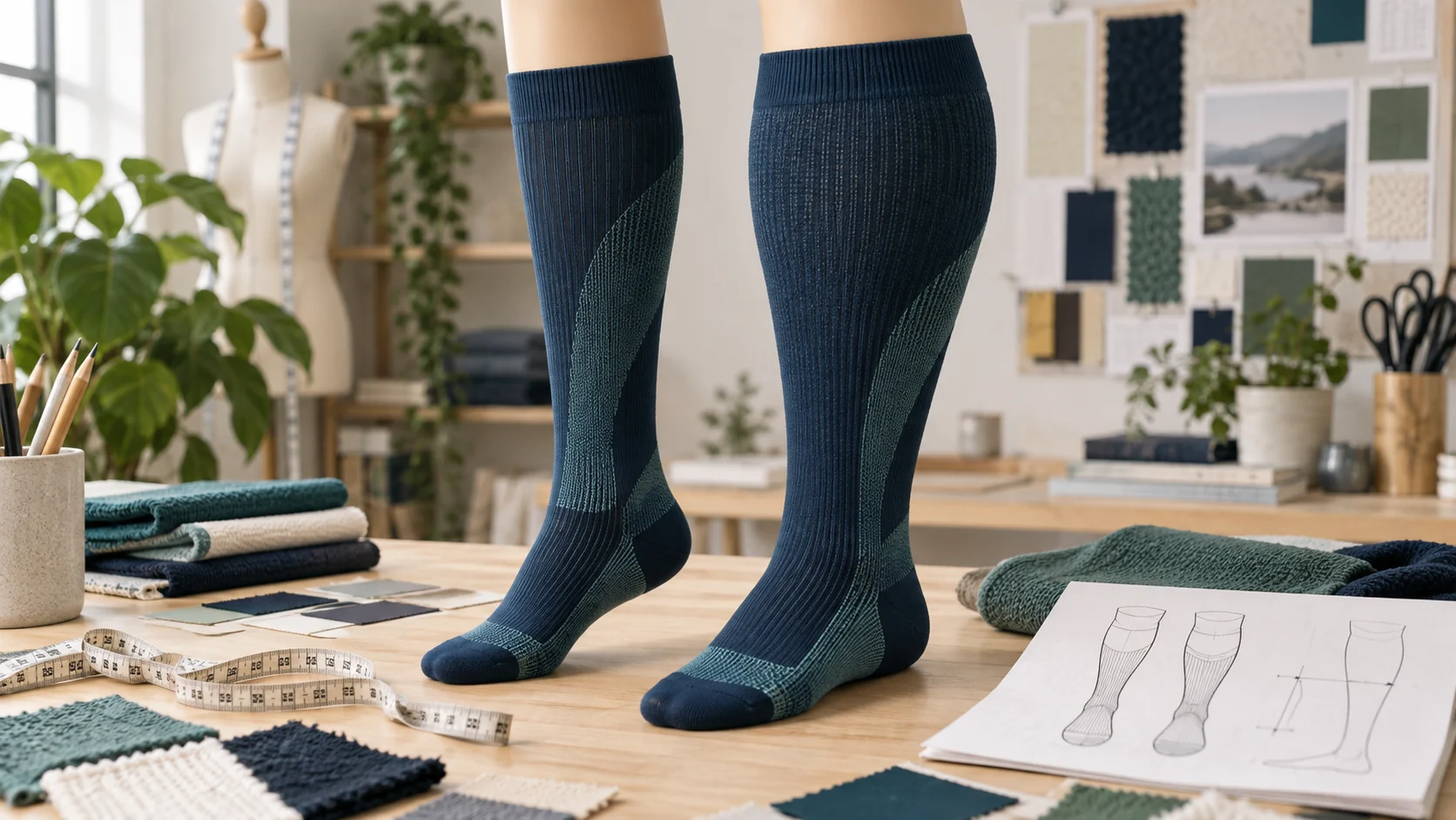 Concept visualization of small-foot wide-calf compression sock size grading in a textile design studio