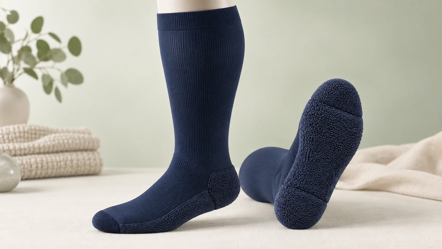 Concept visualization of terry sole plus size compression socks with visible looped cushioning under the foot
