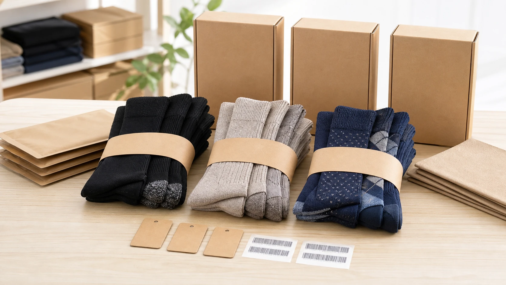 Three coordinated plus size compression socks bundles with private label packaging