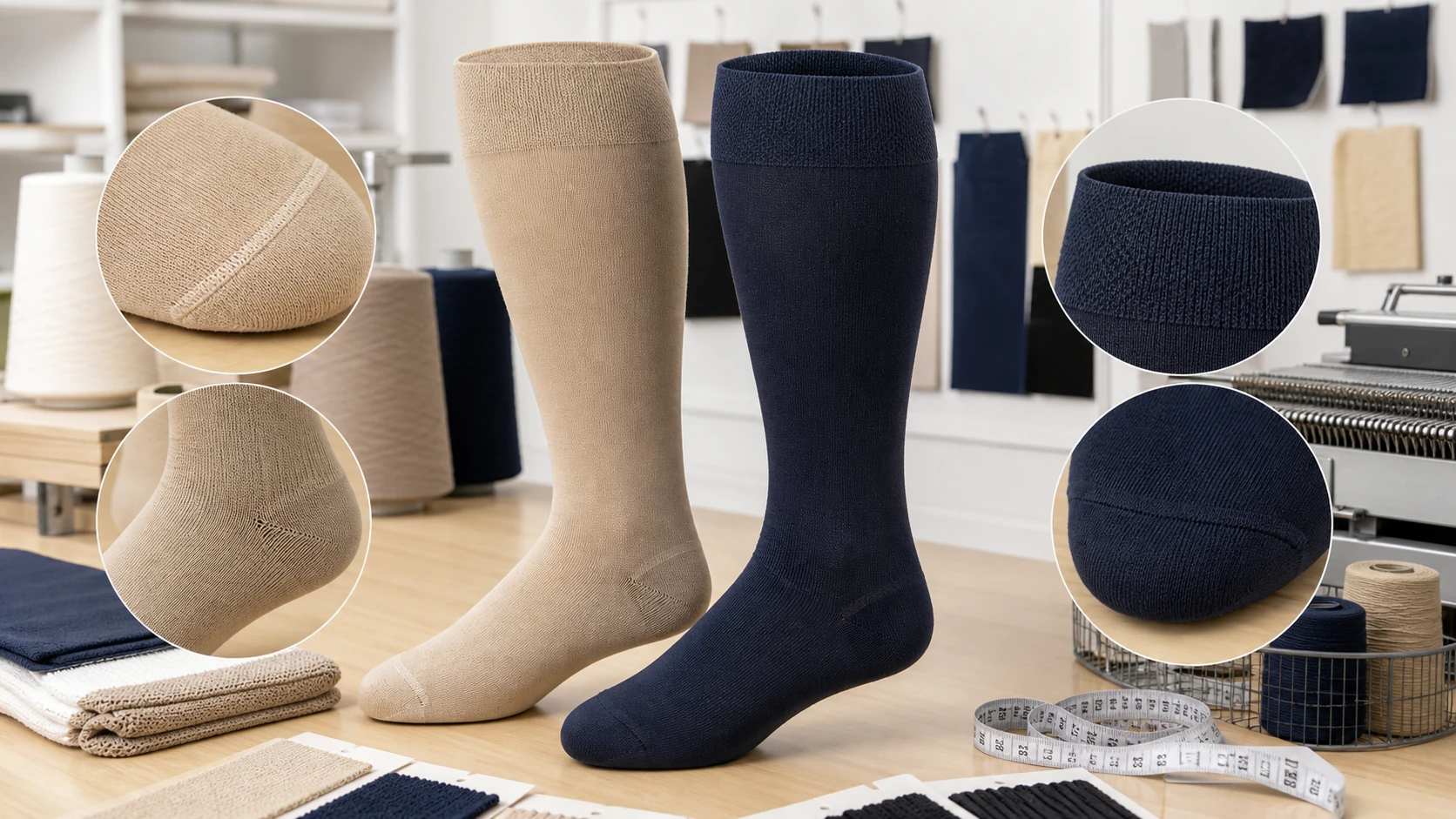 Toe seam and cuff construction details in plus size compression socks