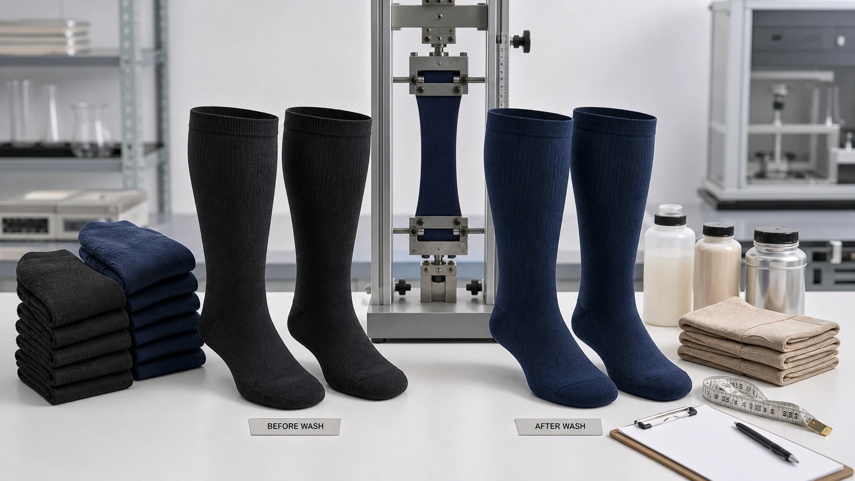 Wash and stretch recovery testing for wide calf compression socks