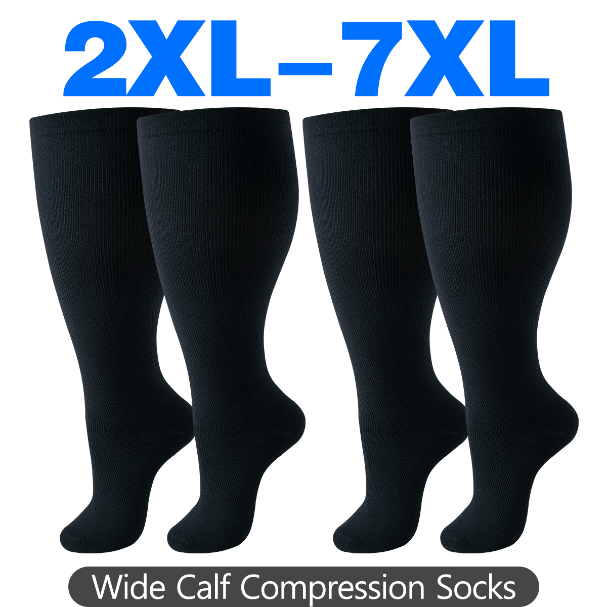 2XL to 7XL wide calf black compression socks pack