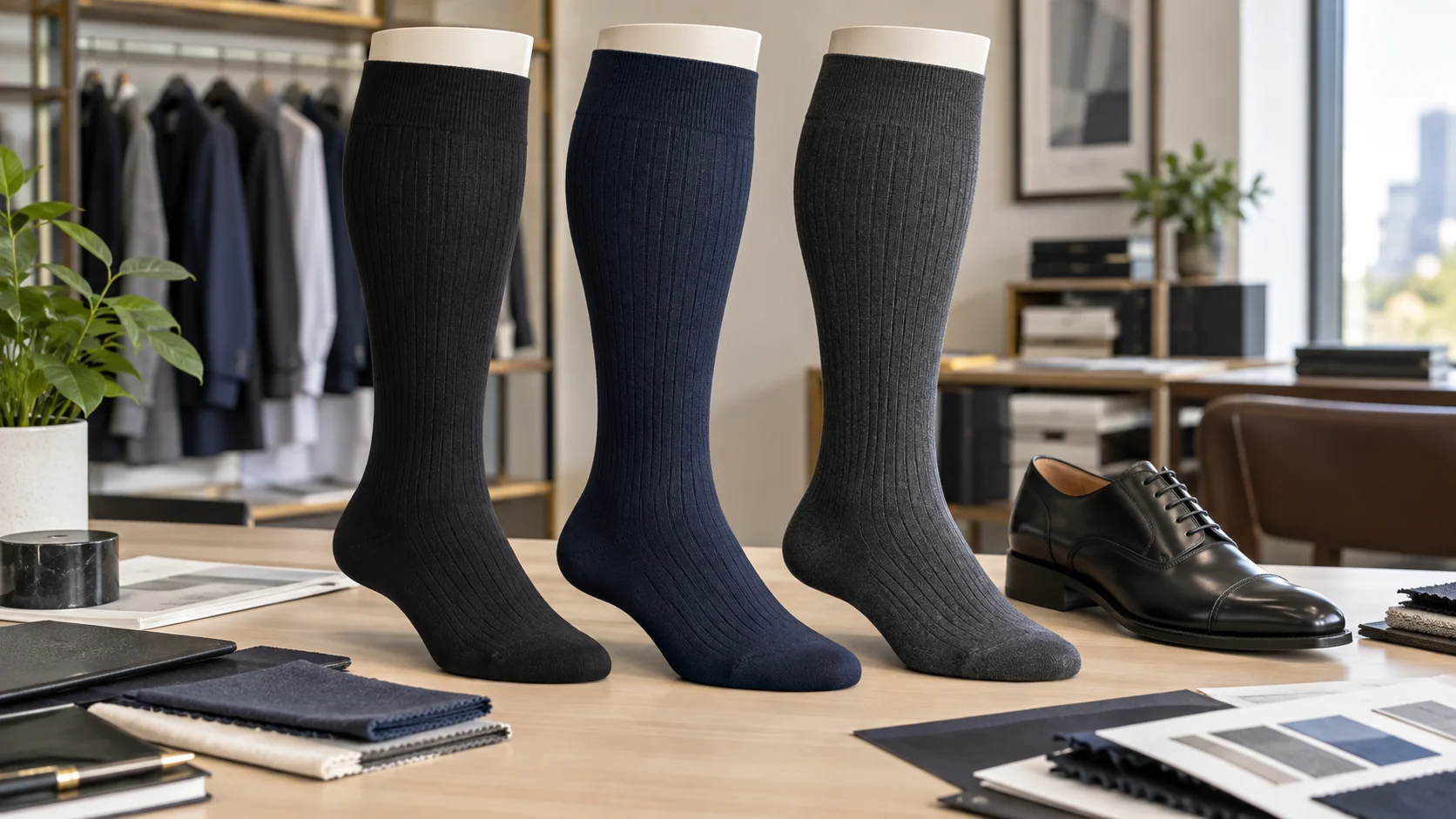 Concept visualization of black navy and charcoal wide calf dress compression sock samples