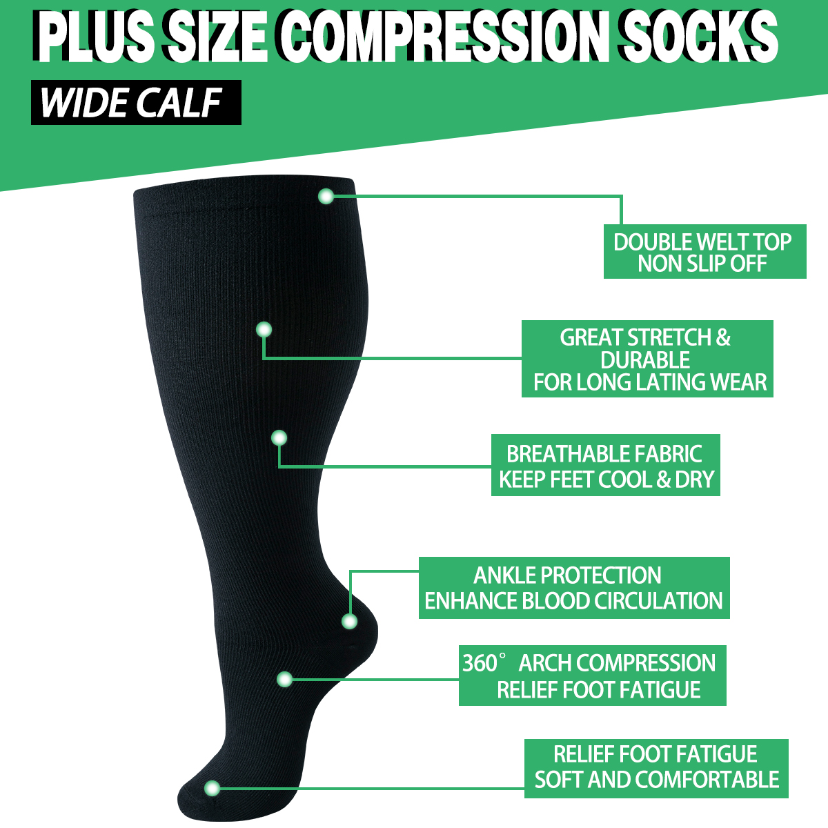 Plus size compression sock feature callouts for wide calf fit