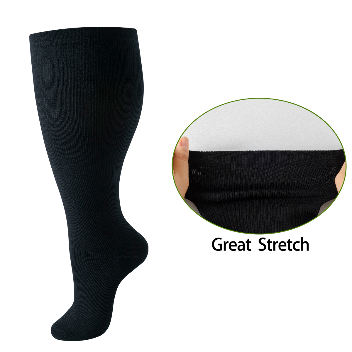 Wide calf black compression sock great stretch detail