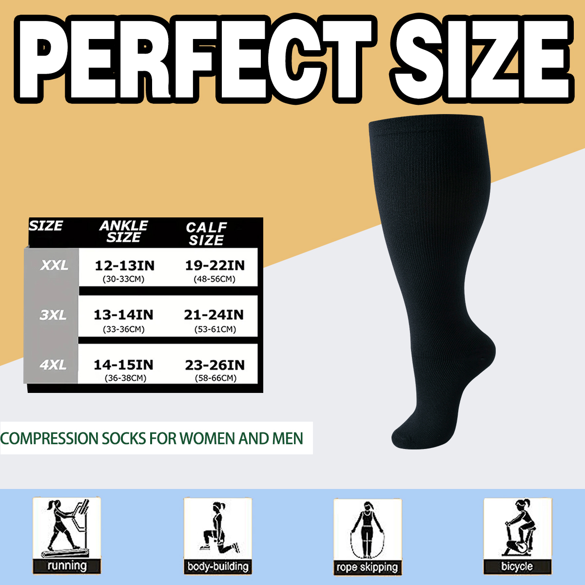 Plus size compression sock size chart for XXL 3XL and 4XL